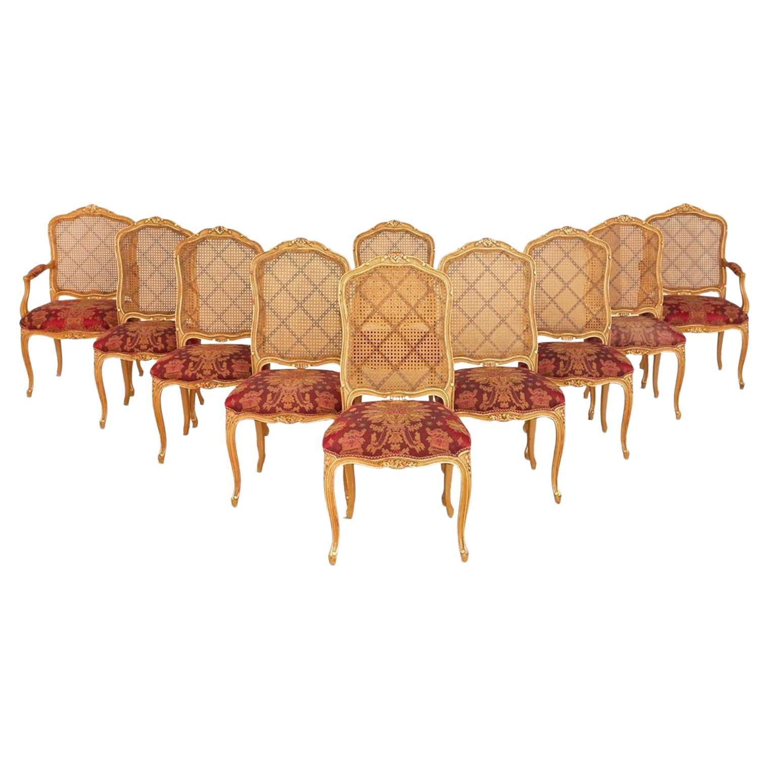 Louis XV Style, Ten Dining Chairs, Gold Gilt, Cane, Red Fabric, France, 1960s For Sale