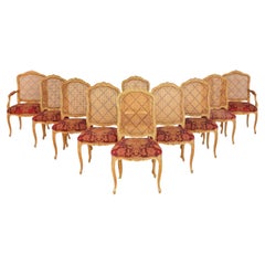 Dix chaises de salle à manger de style Louis XV, dorées à l'or, canne, tissu rouge, France, années 1960