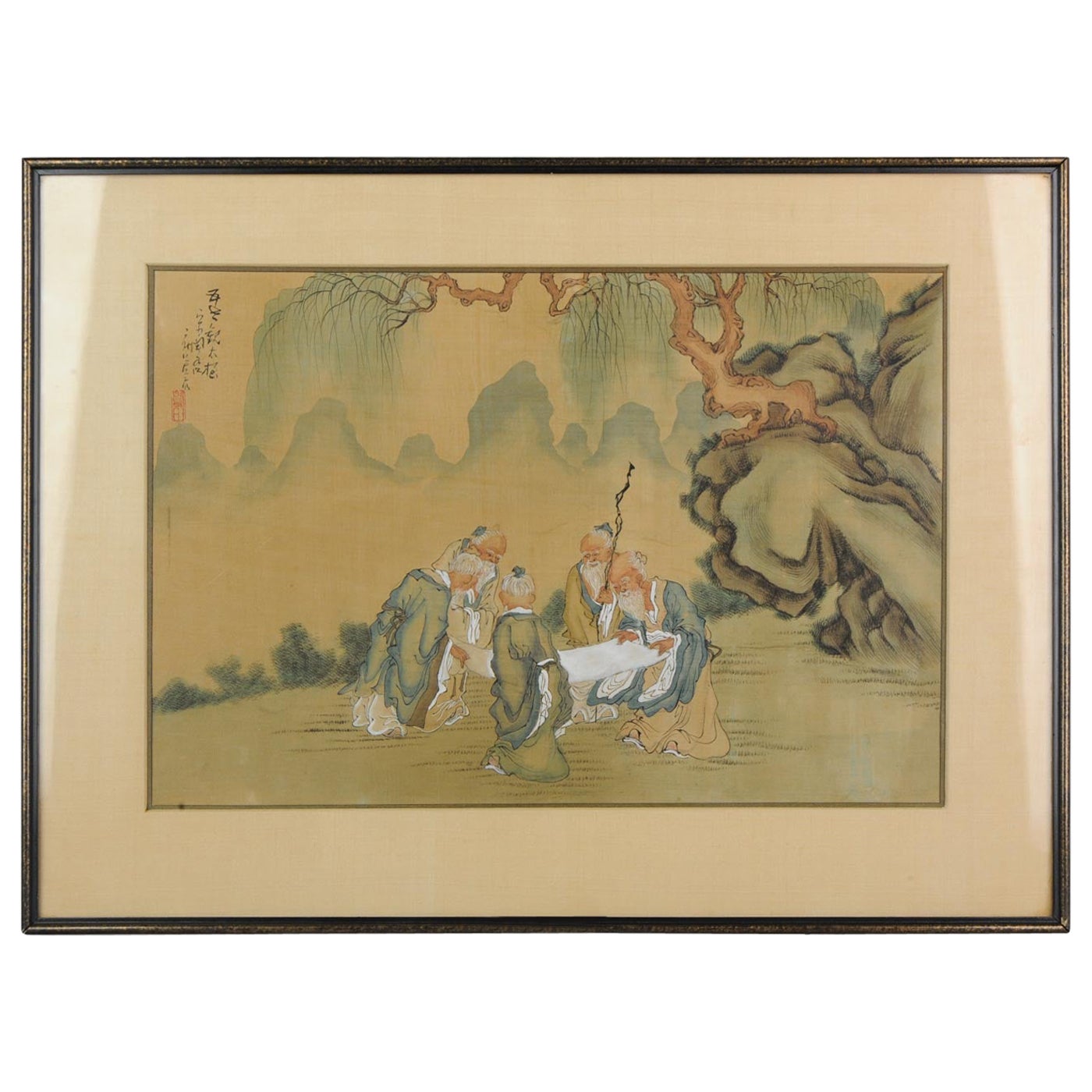Très belle peinture chinoise ancienne, dames et calligraphie, fin 19e début 20e siècle
