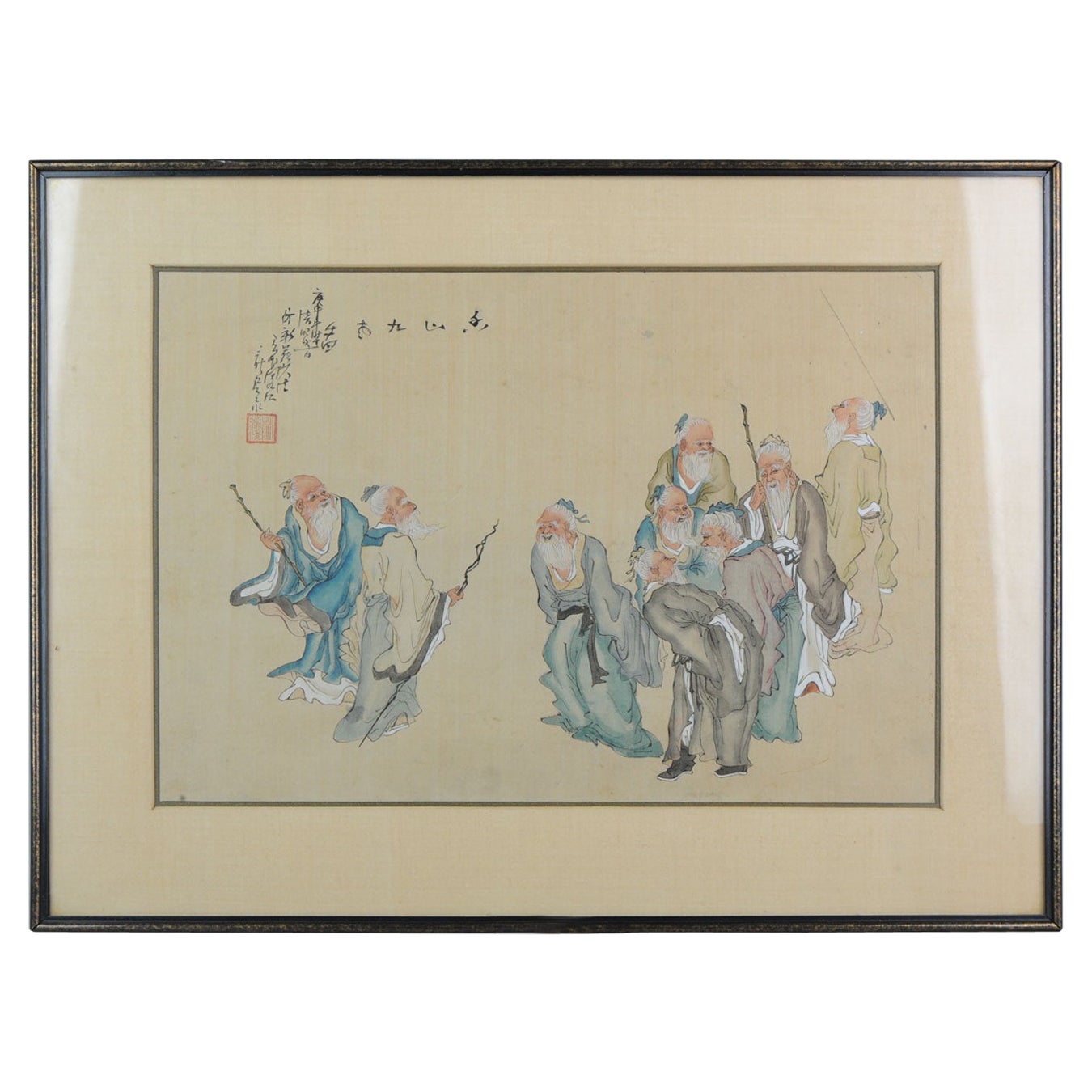 Very Fine Chinese Painting Ladies & Calligraphy Antique, Late 19th Early 20th C For Sale