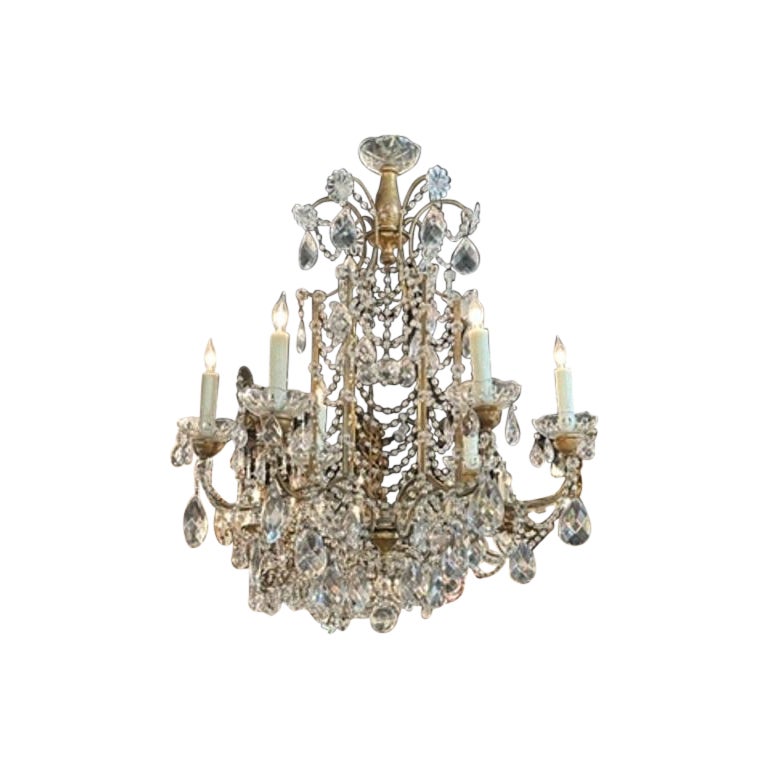 Antique Italian Pagoda Form Beaded Crystal 6 Light Chandeliers For Sale