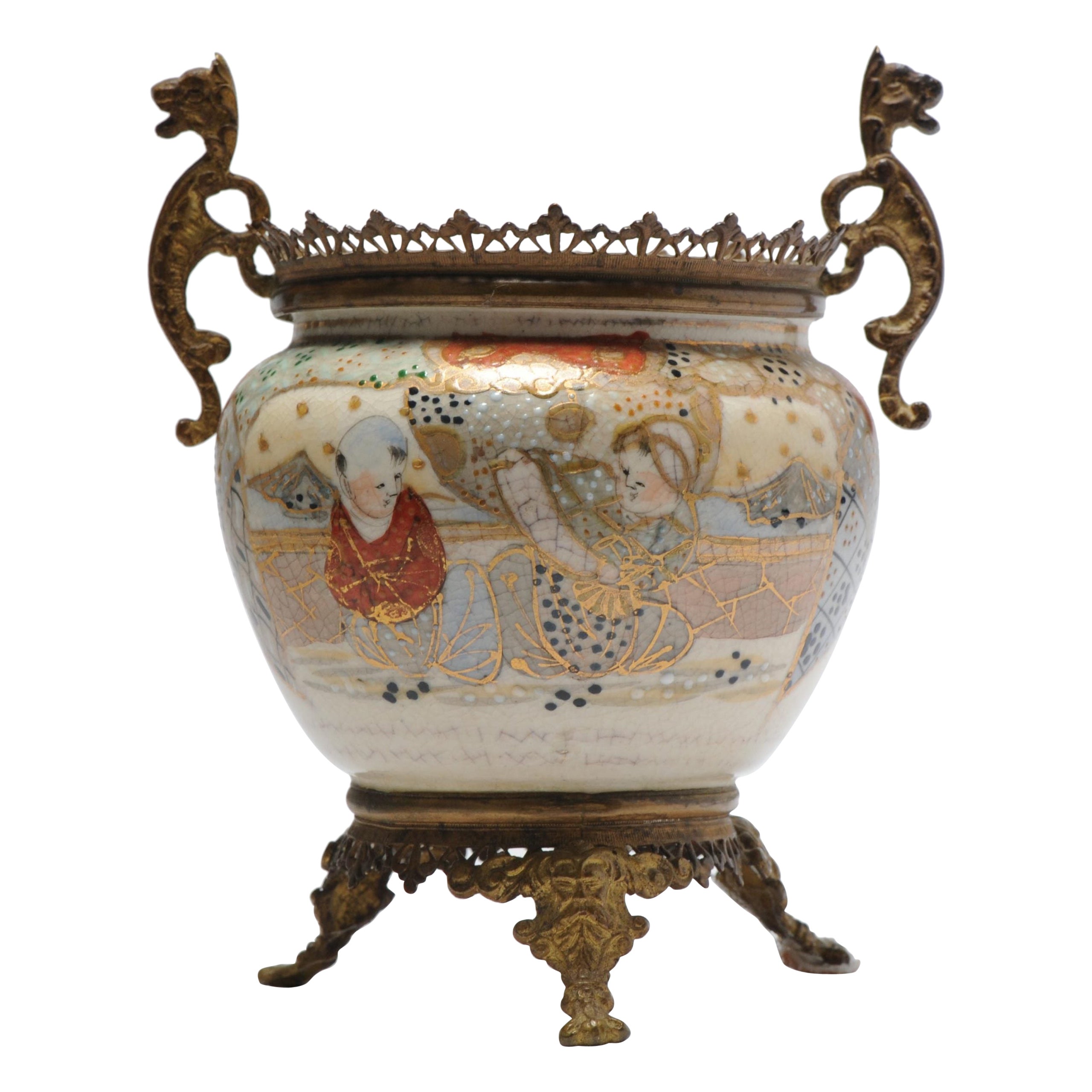 Antique Satsuma Ormulu Japanese Porcelain Bowl Ormulu Mounted, 19th Century