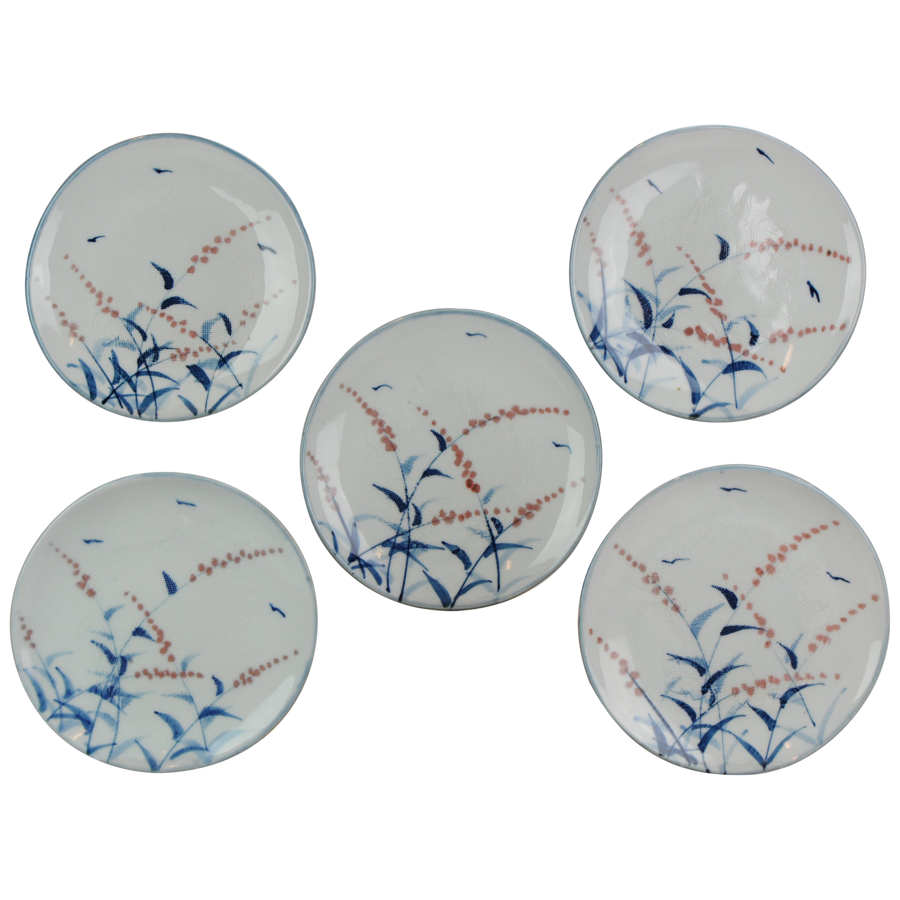 Set of 5 Antique Japanese Seto Yaki Red Blue White Dishes Marked, 19th/20th Cen For Sale