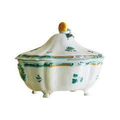 Antique Ceramic Tureen with Green Flower Decorations, Italy, 18th Century
