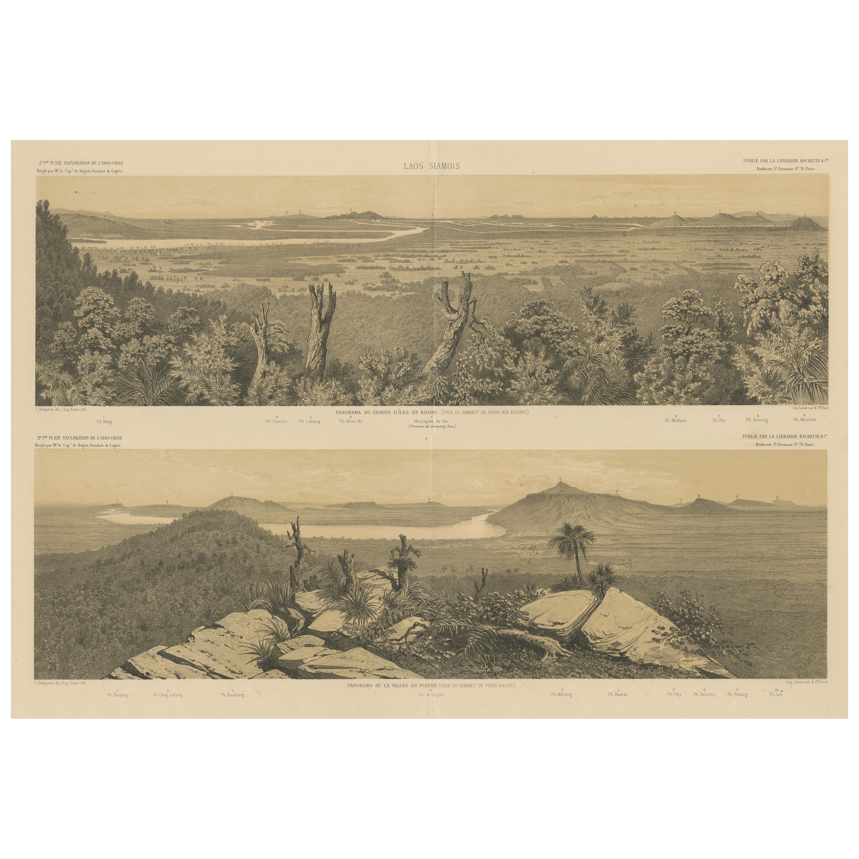 Stampa antica di grandi dimensioni con vista panoramica dell'isola di Khong e di una valle, Laos