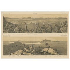 Large Antique Print with panoramic views of Khong Island and a Valley, Laos