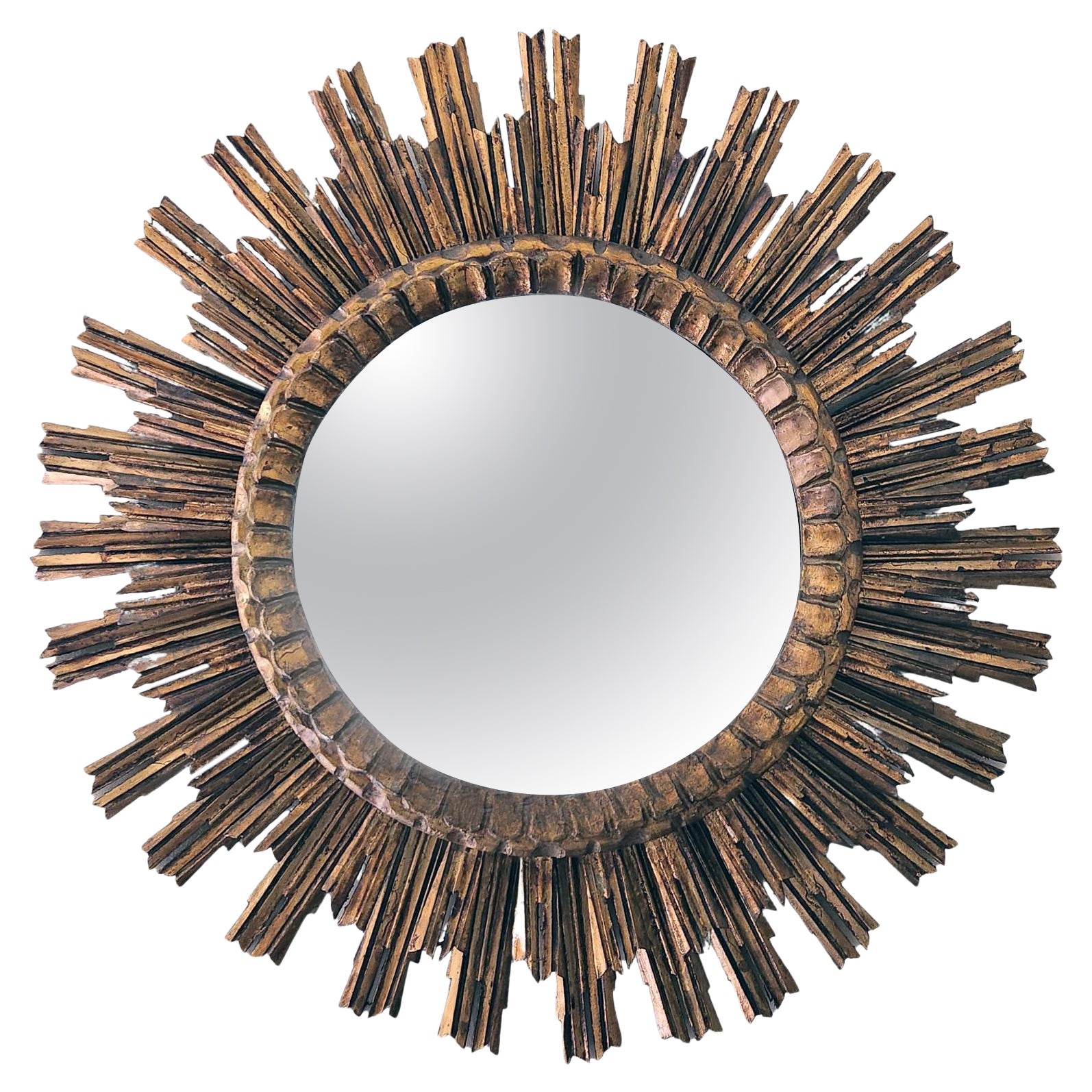 Vieux miroir circulaire en bois doré Sunburst espagnol