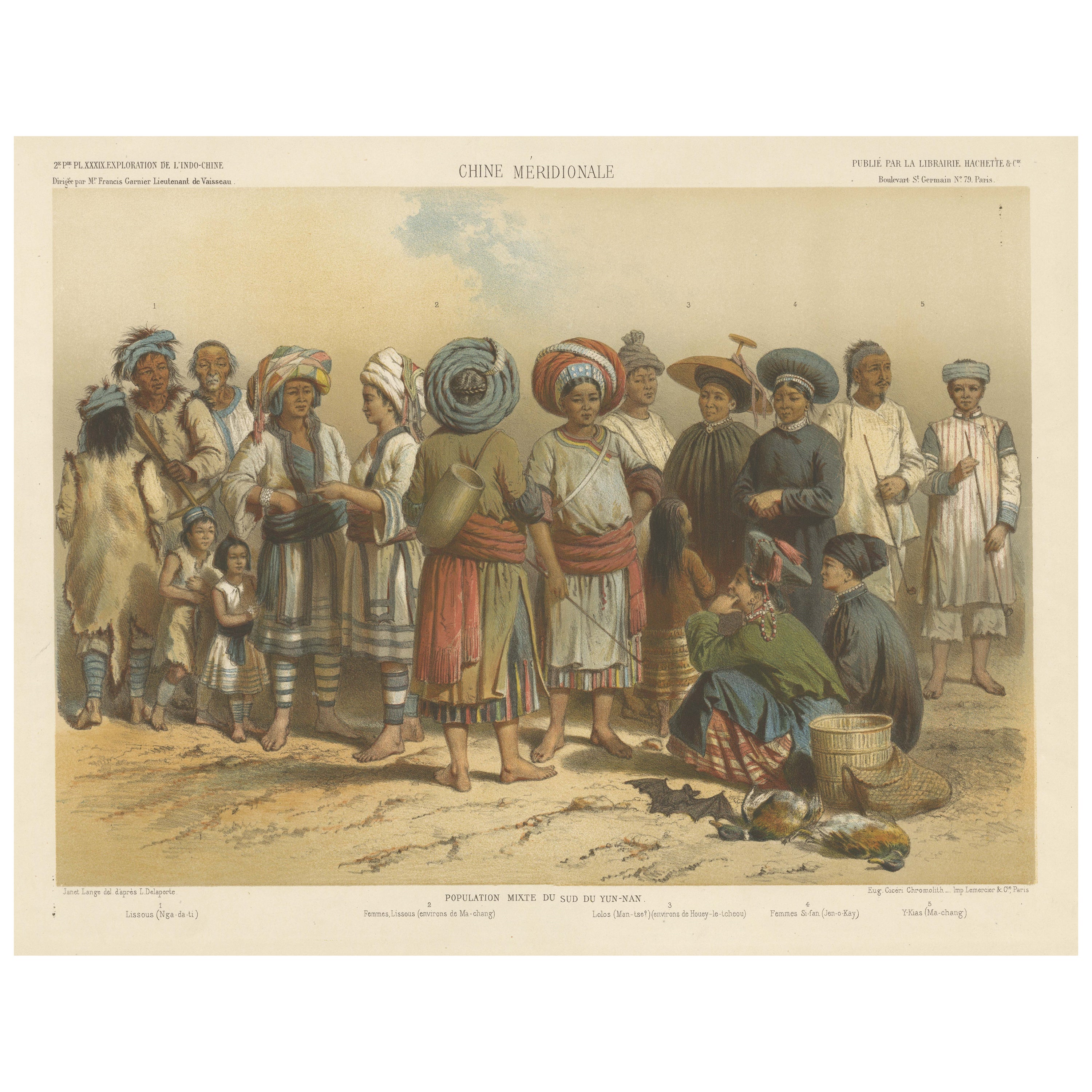 Large Antique Print with mixed populations of Yunnan, including Yi People, China For Sale