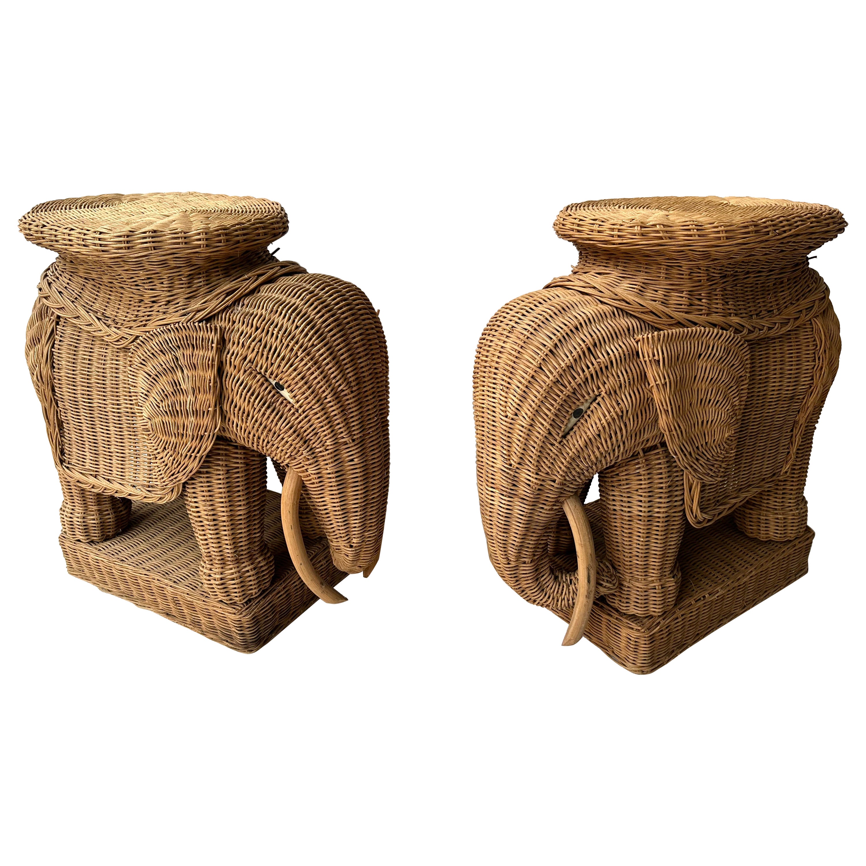Pair of Rattan Elephant Side Table, France, 1970s