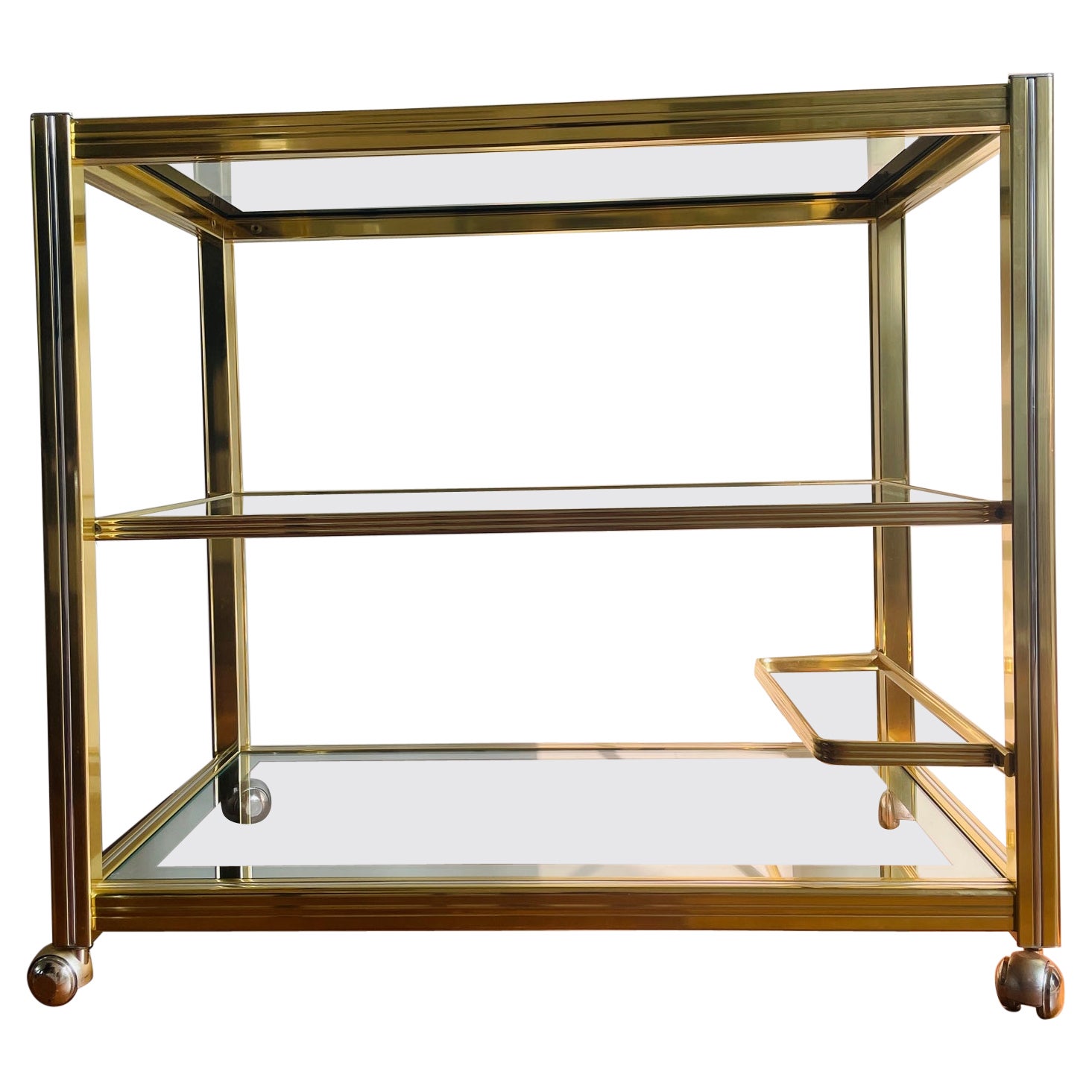Vintage Brass and Glass Bar Cart, 1980s. Hollywood regency serving trolley.  For Sale