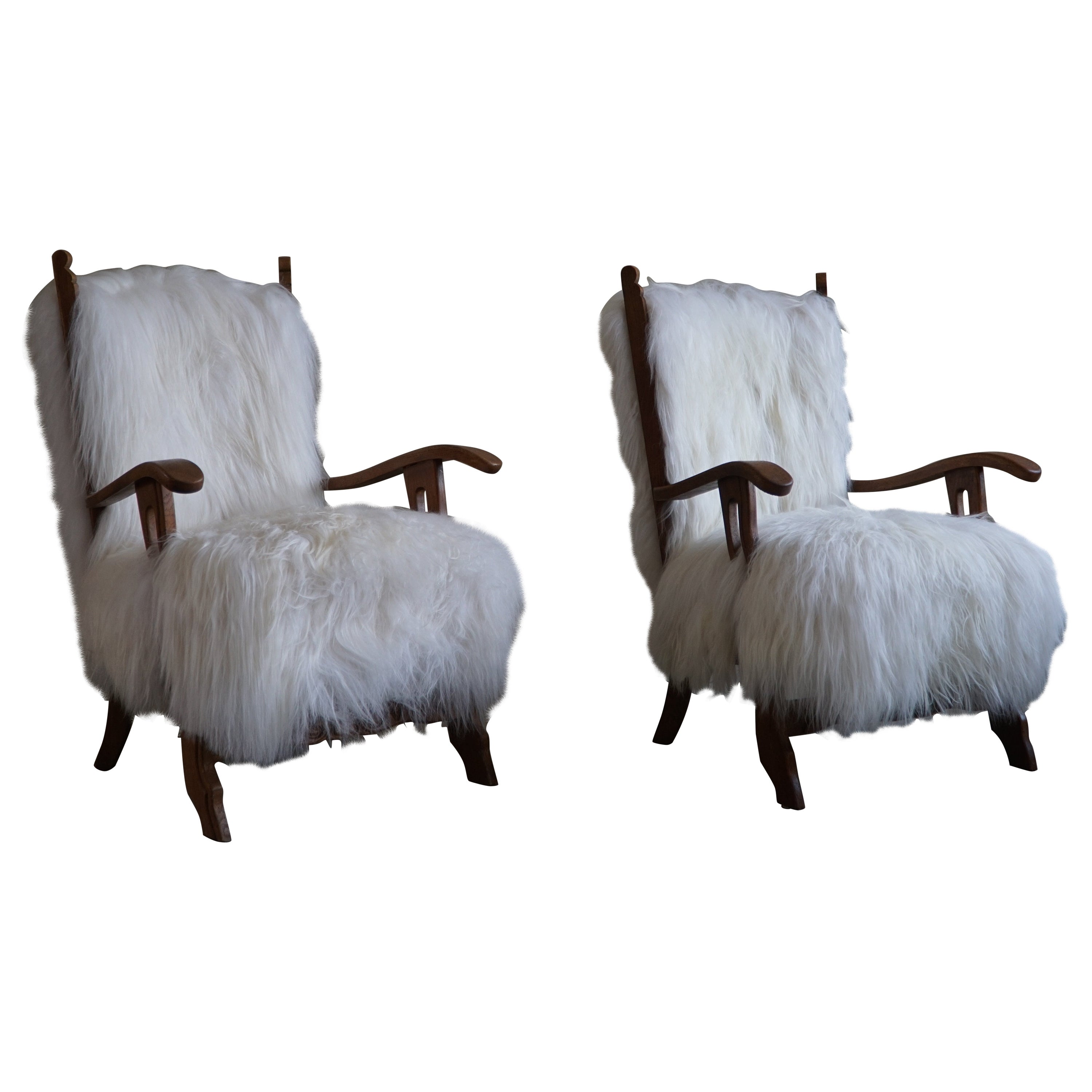 Two Armchairs in Oak & Longhaired Icelandic Sheepskin, Henning Kjærnulf, 1950 For Sale