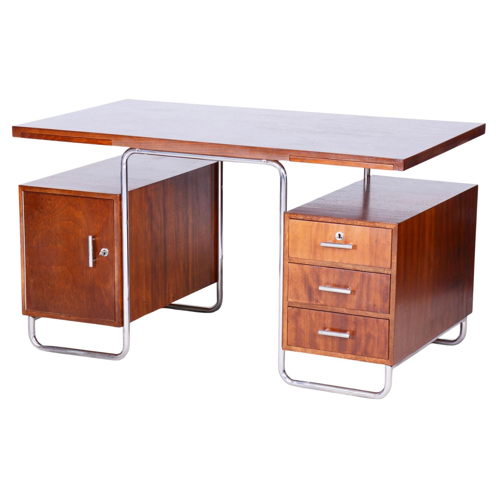 Restored Bauhaus Beech Writing Desk, Hynek Gottwald, Chrome, Czechia, 1930s For Sale