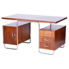 Vintage Restored Bauhaus Beech Writing Desk, Hynek Gottwald, Chrome, Czechia, 1930s