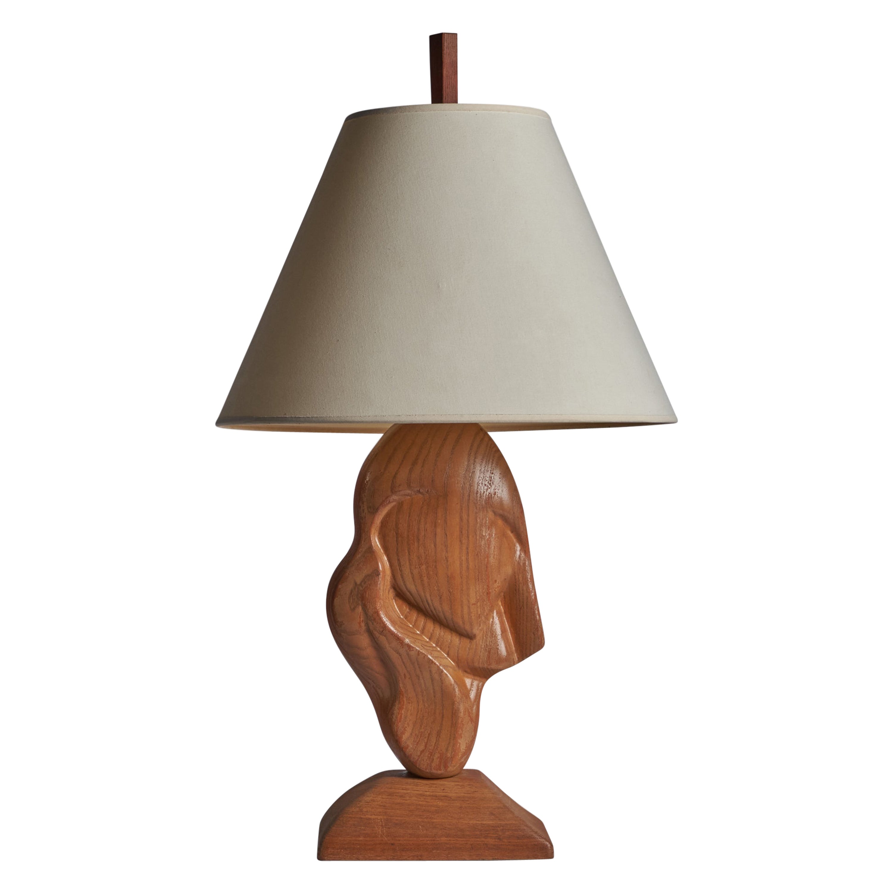 American Designer, Freeform Table Lamp, Oak, Fabric, USA, 1950s