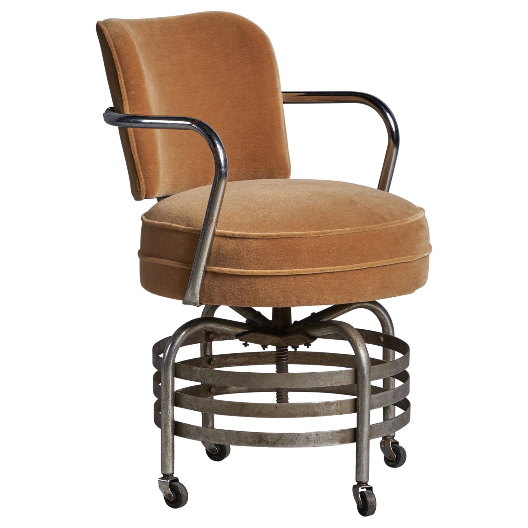 American Designer, Desk Chair, Chrome Metal, Mohair, USA, 1930s For Sale