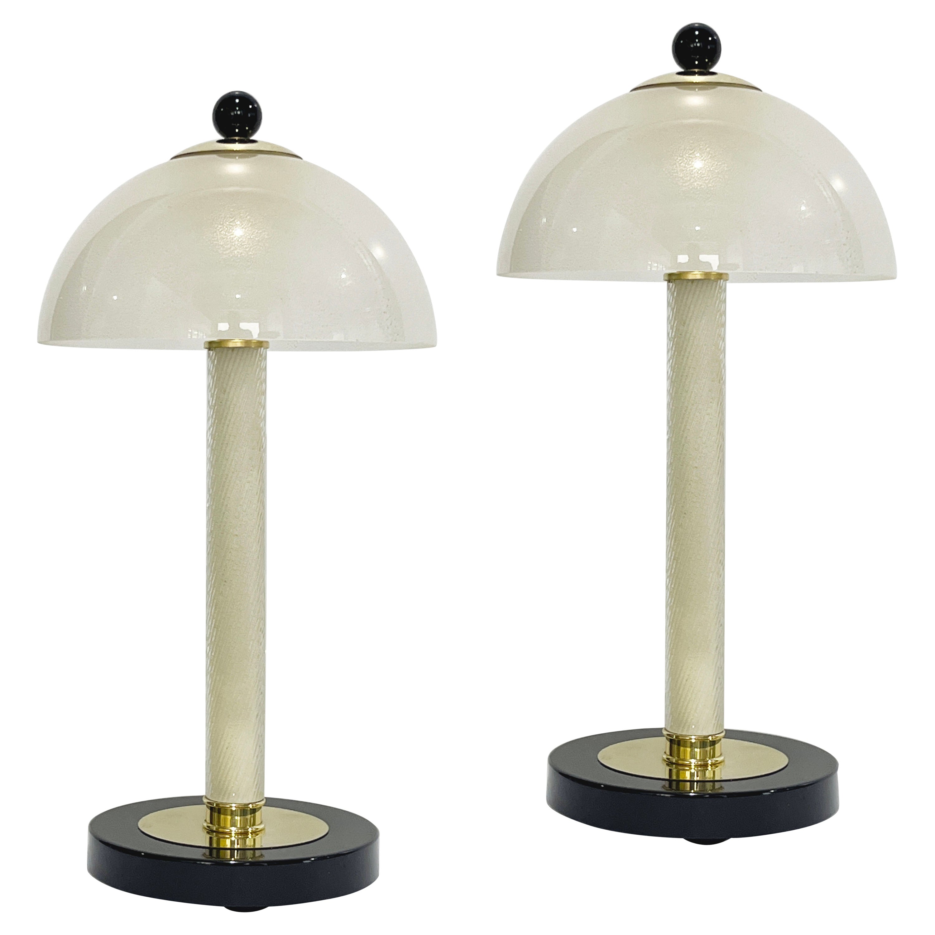 Italian Modern Pair of Art Deco Design Black White Gold Murano Glass Dome Lamps