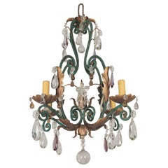 French Wrought Iron & Tôle Crystal Chandelier