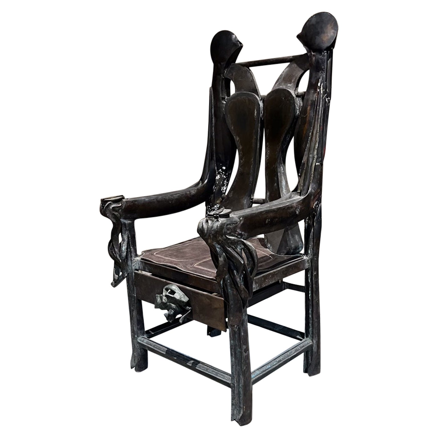 1970s Brutalist Zovala Throne Armchair Iron Bronze & Leather For Sale