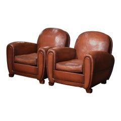 Antique Pair of Early 20th Century French Club Armchairs with Brown Leather