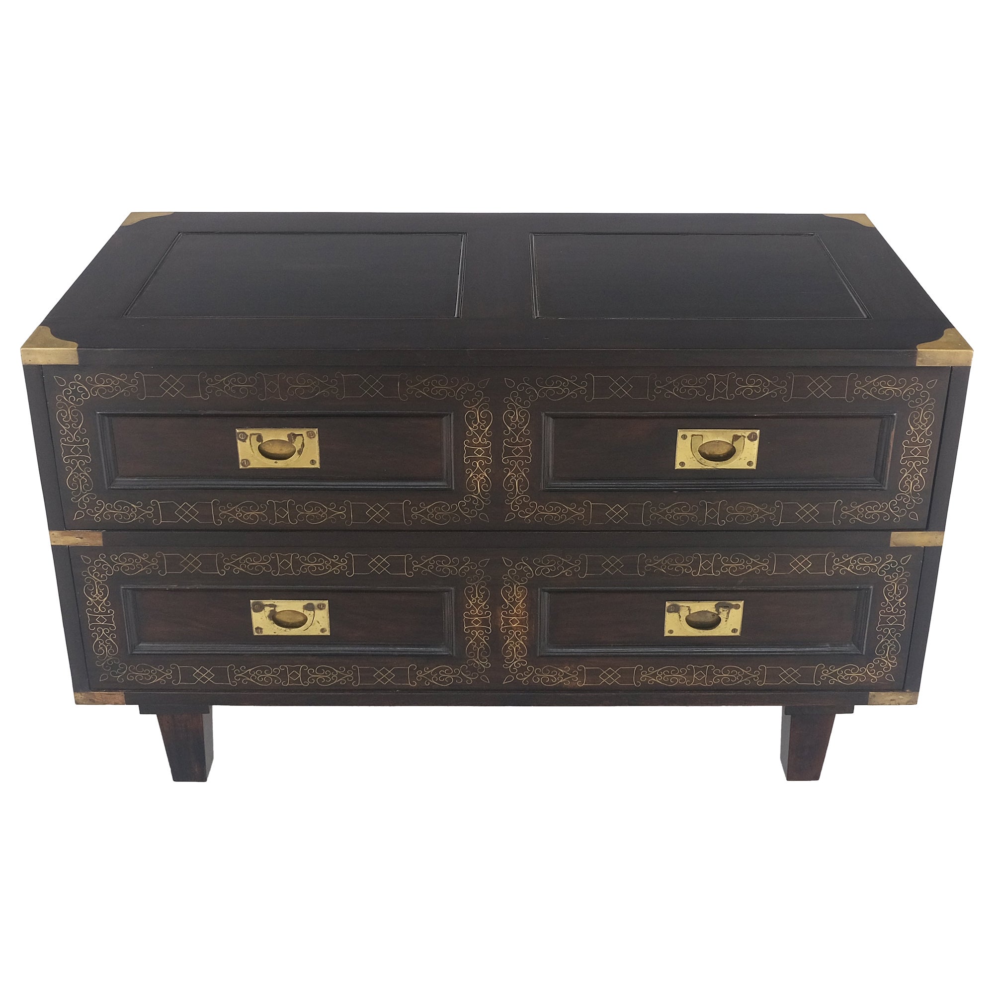Campaign Style Ebonized Mahogany Brass Inlay Two Drawers Small Dresser Chest 