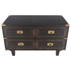 Vintage Campaign Style Ebonized Mahogany Brass Inlay Two Drawers Small Dresser Chest 