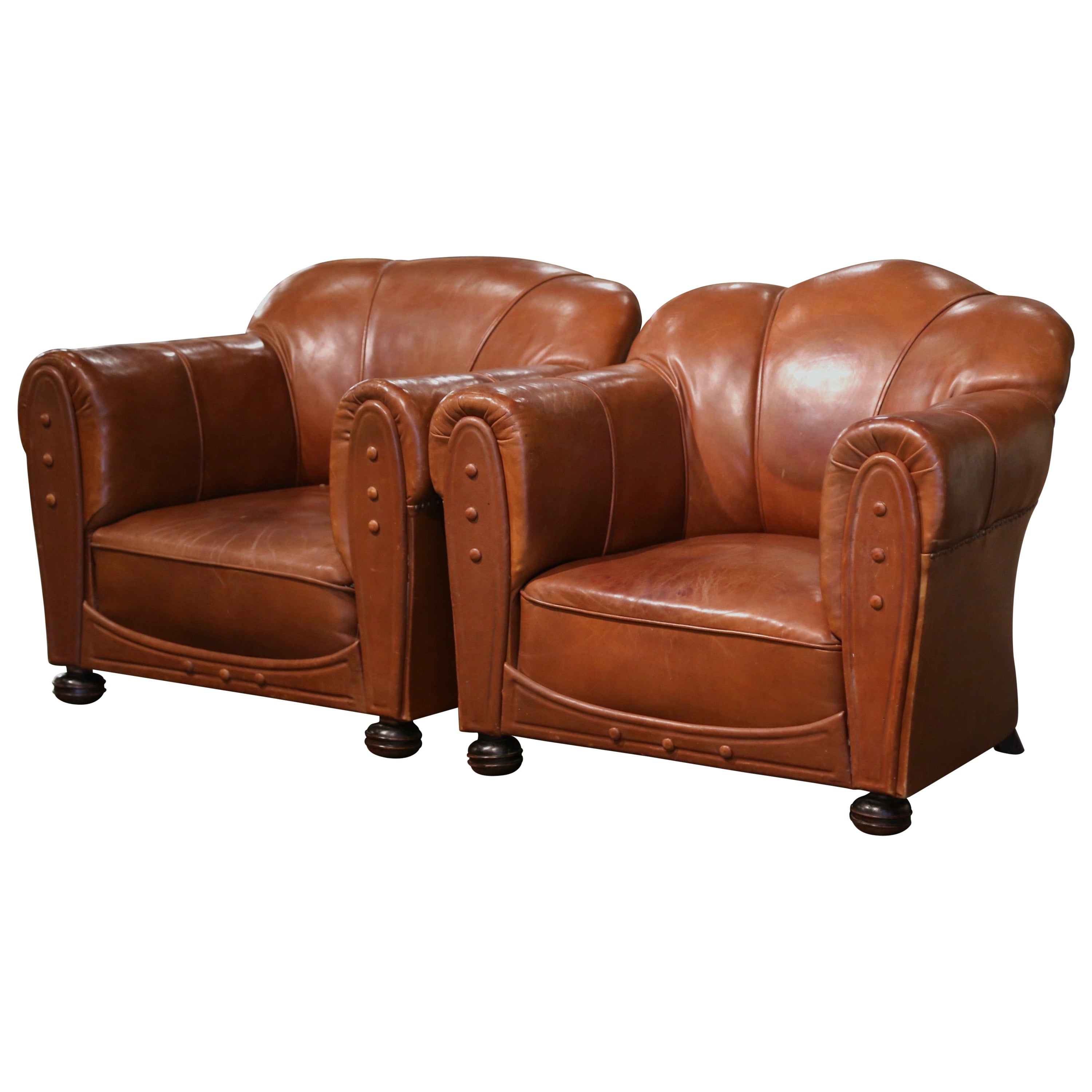 Pair of Early 20th Century French Club Armchairs with Original Brown Leather For Sale
