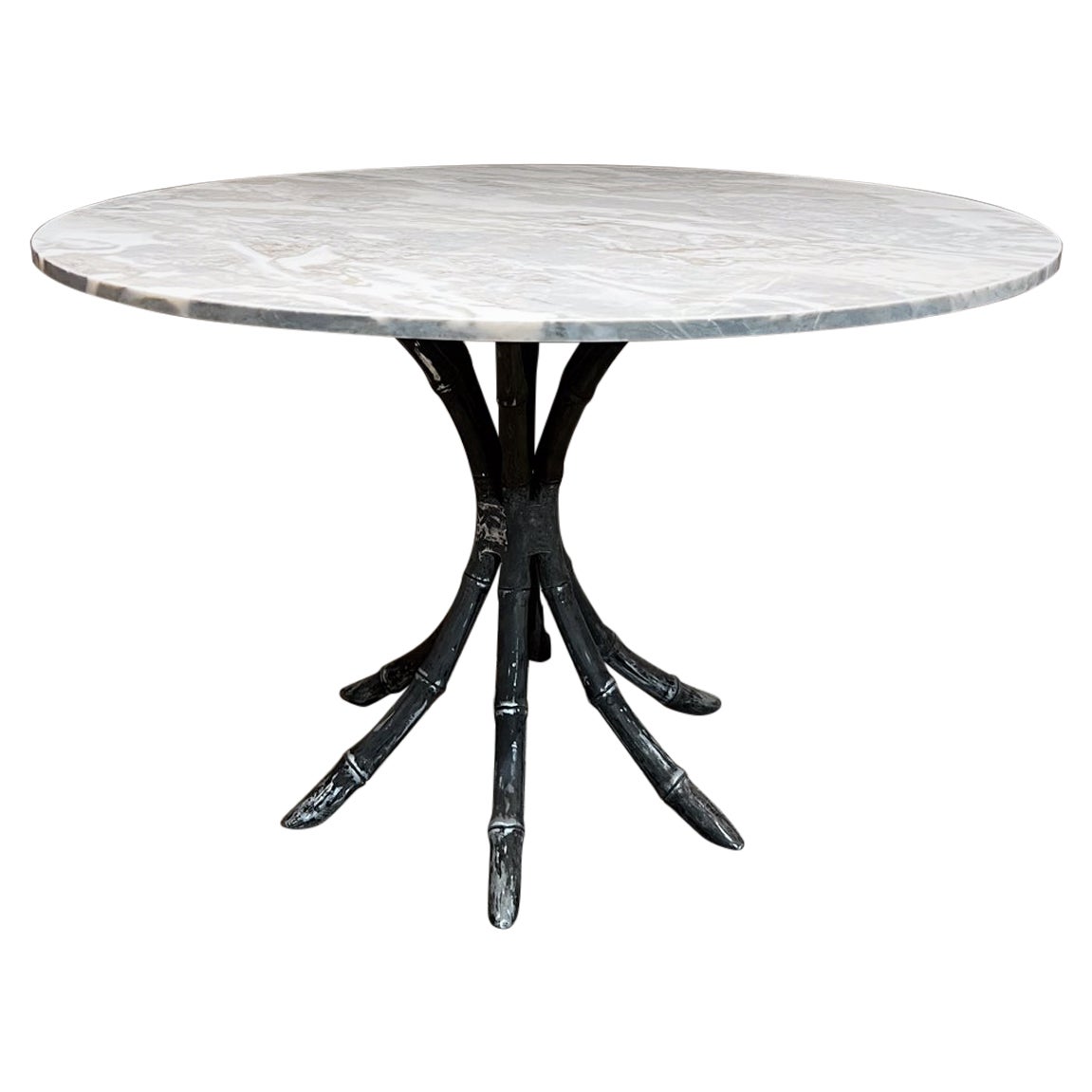1950s Aluminum Pedestal Marble Dining Table Faux Bamboo Mexico For Sale