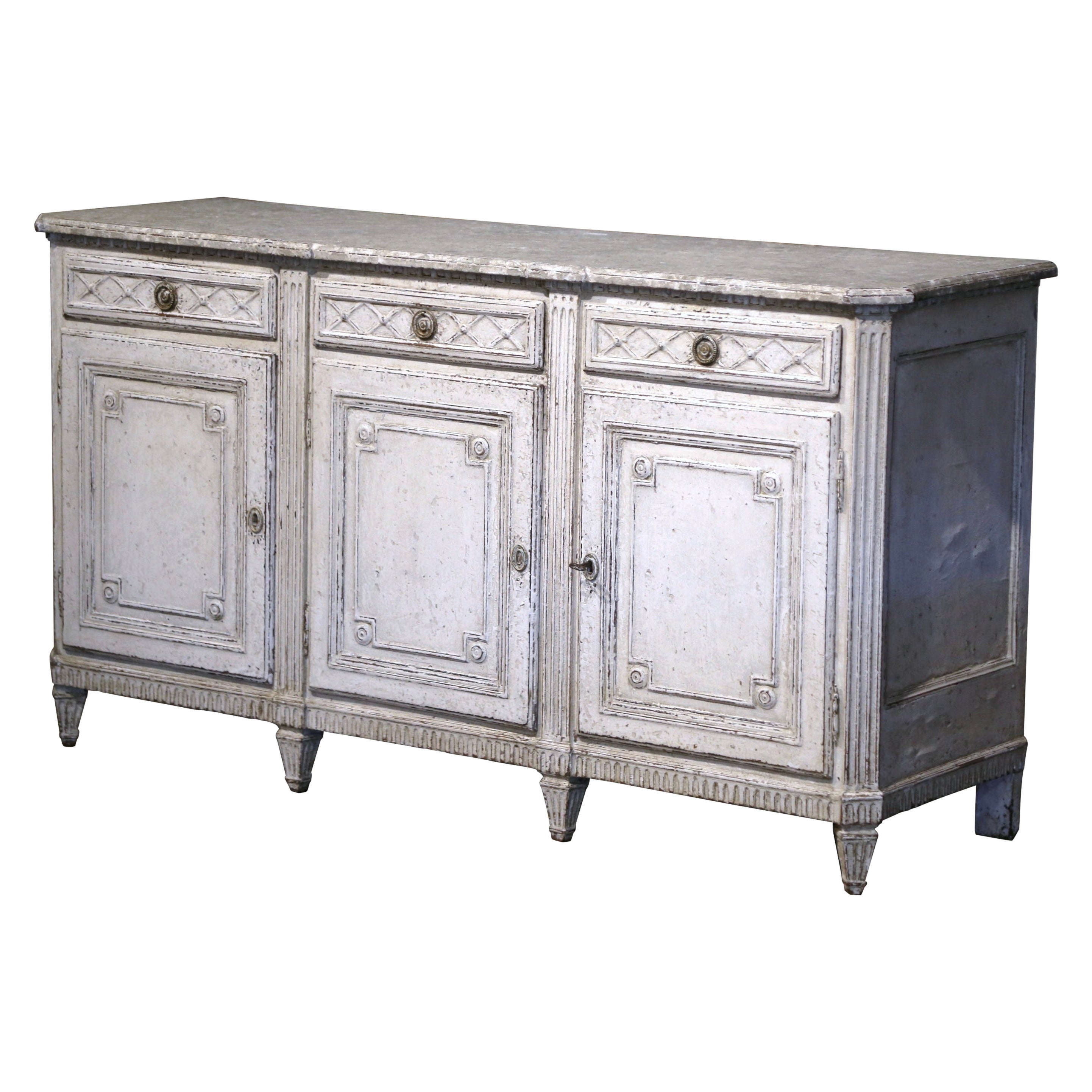 19th Century French Louis XVI Carved Painted Three-Door Buffet with Drawers For Sale