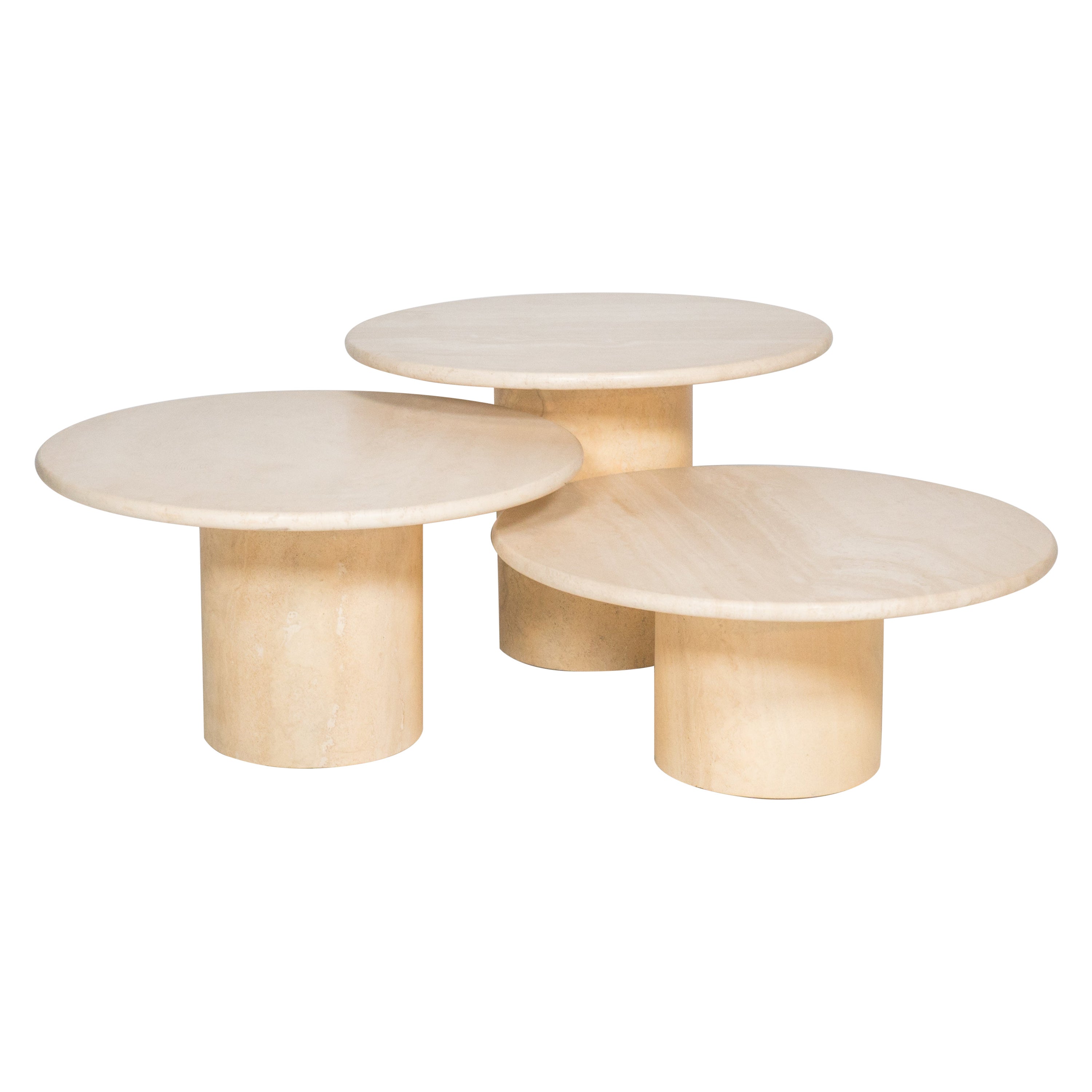 Vintage Travertine Round Pedestal Tiered Coffee Tables - Set of 3