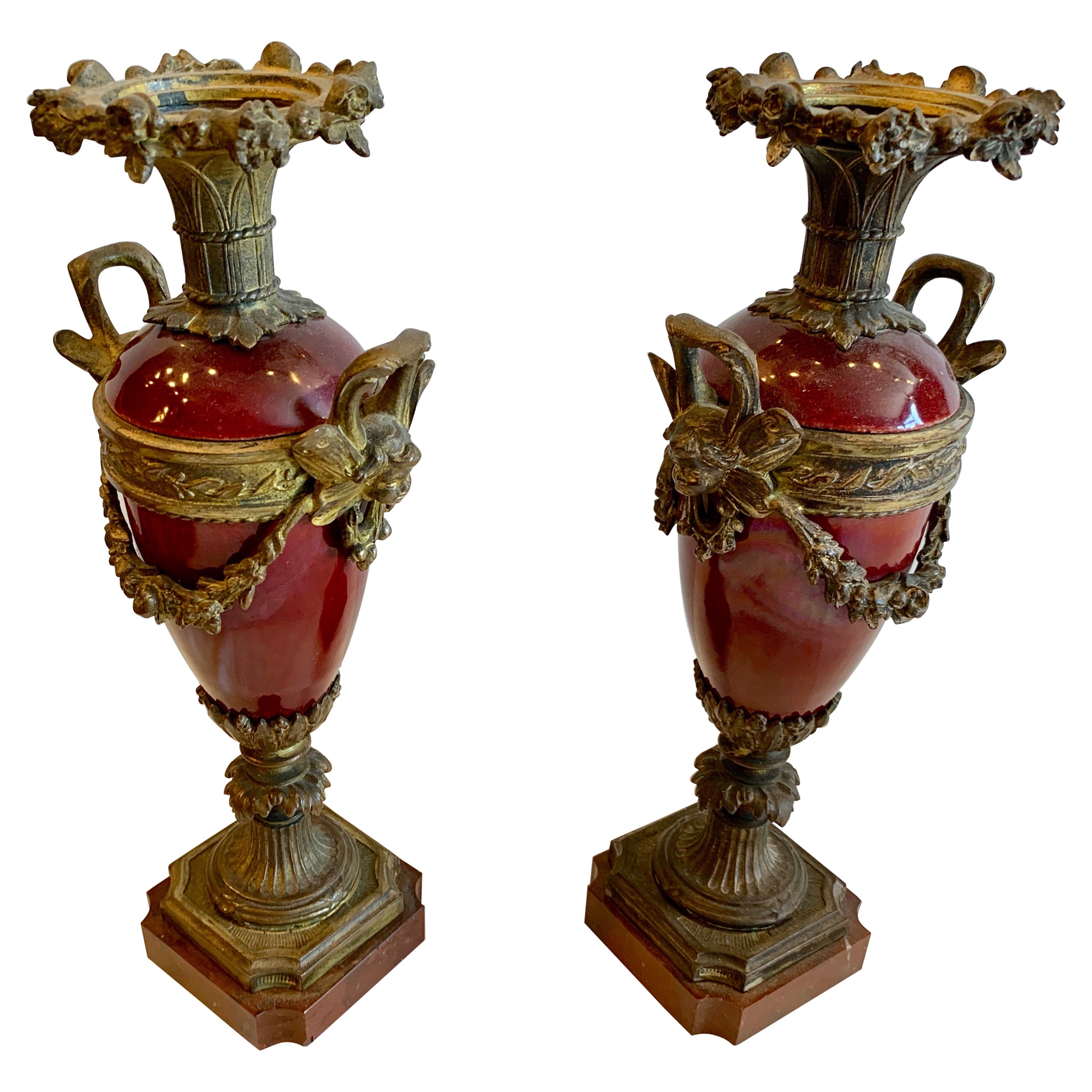 Pair of 19TH Century Bronze Mounted Urns For Sale