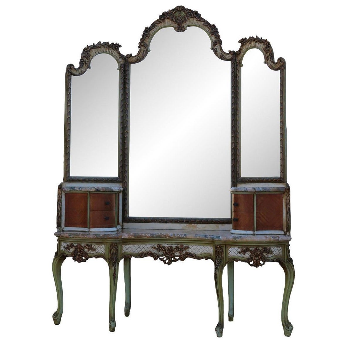 Antique French Luis XV Vanity With Triple Folding Panels Mirror For Sale