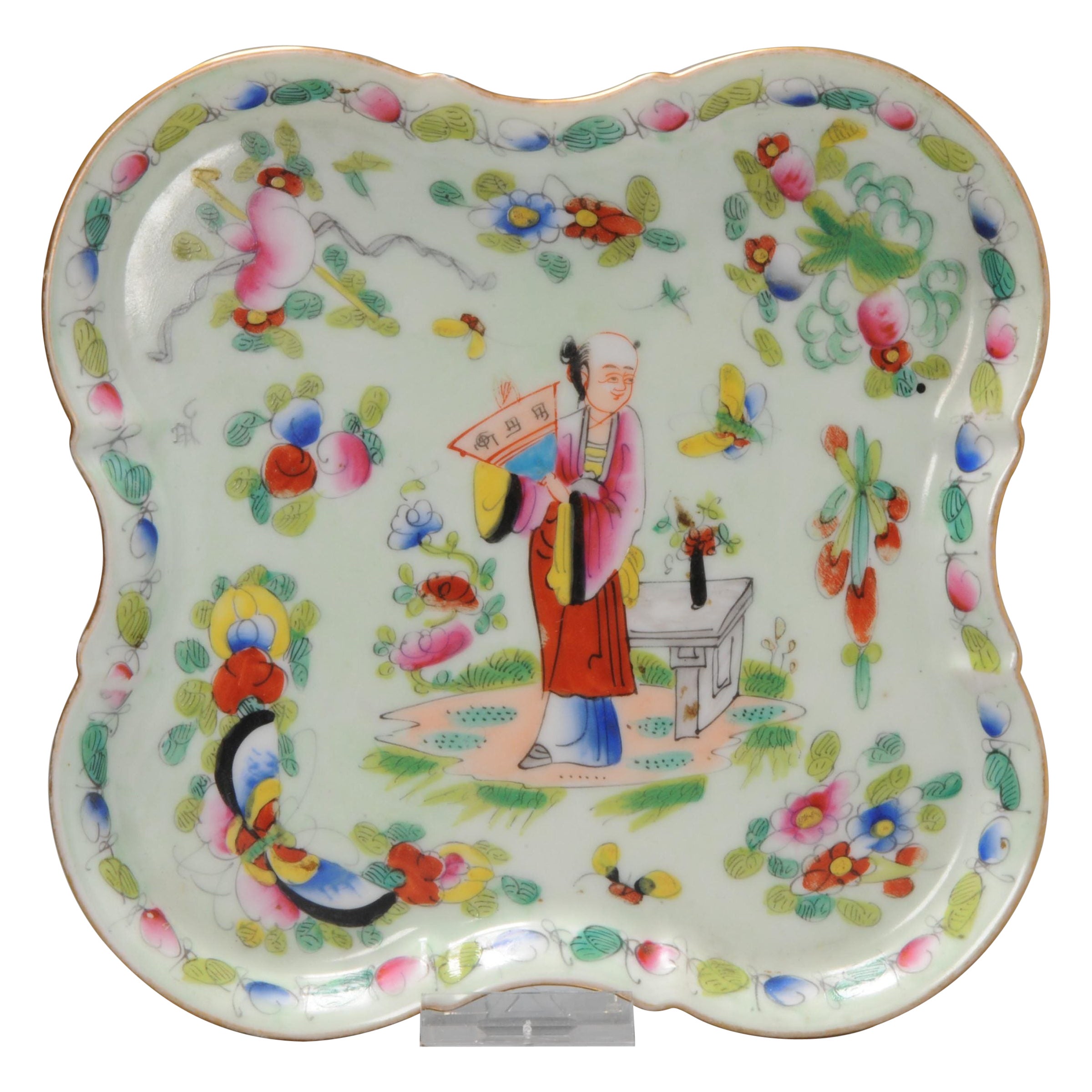 Antique Bayeux French Porcelain Cantonese Dish Figure in Garden, 19C For Sale