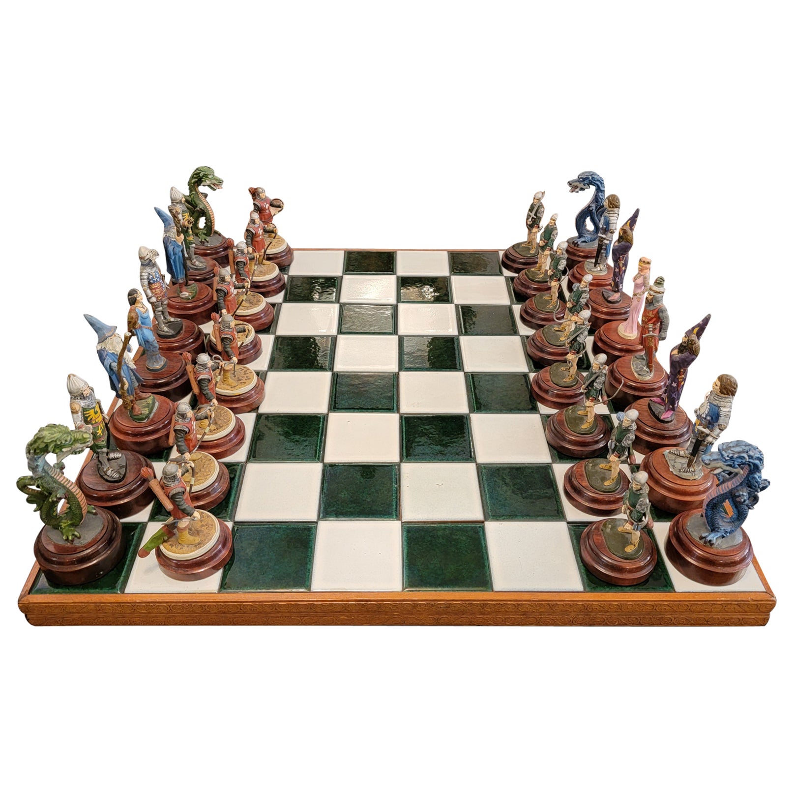 Tiled Mid Century and Wood Chess Board With Chess Figurines For Sale