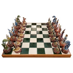 Vintage Tiled Mid Century and Wood Chess Board With Chess Figurines