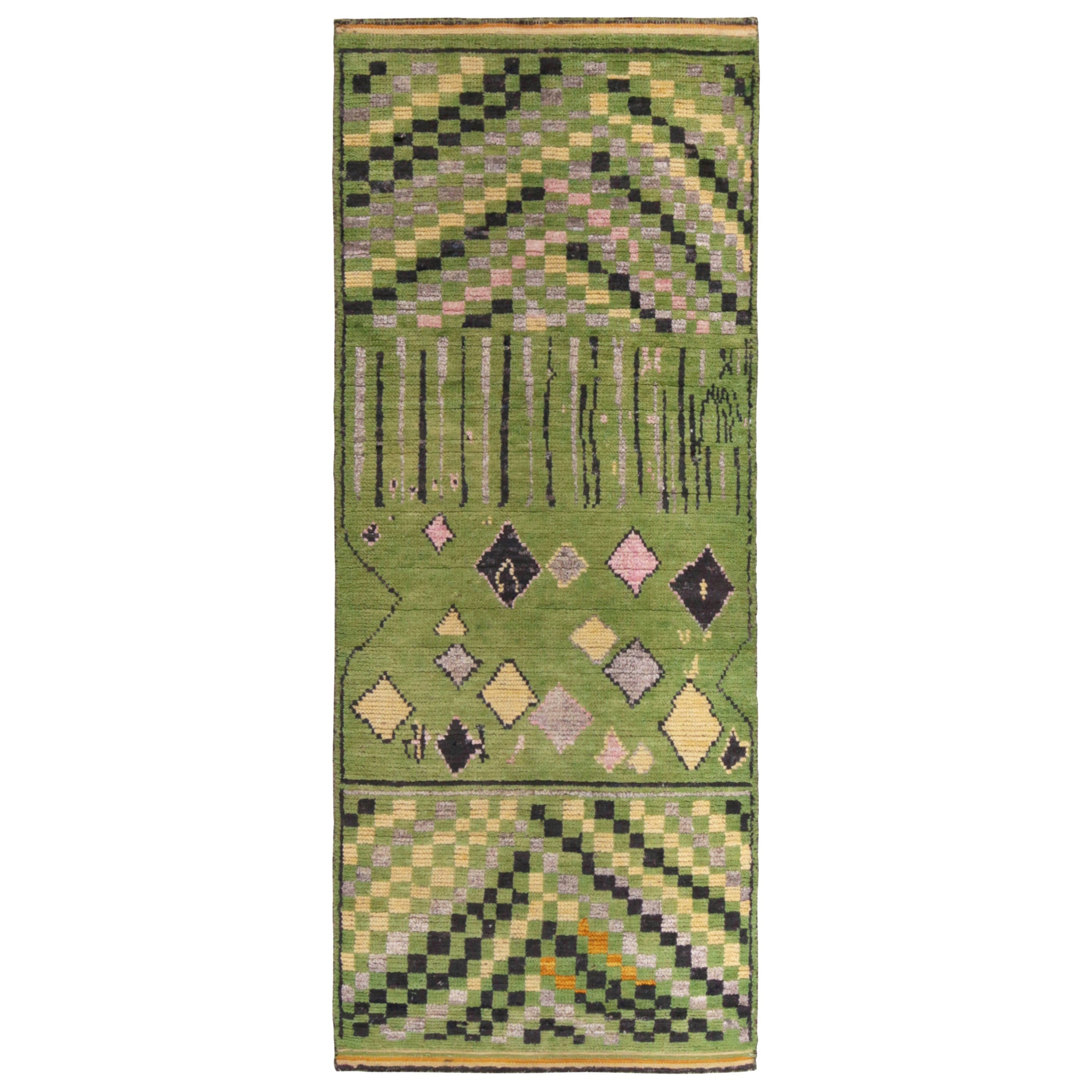 Rug & Kilim’s Moroccan Style Runner in Green with Polychromatic Tribal Patterns For Sale
