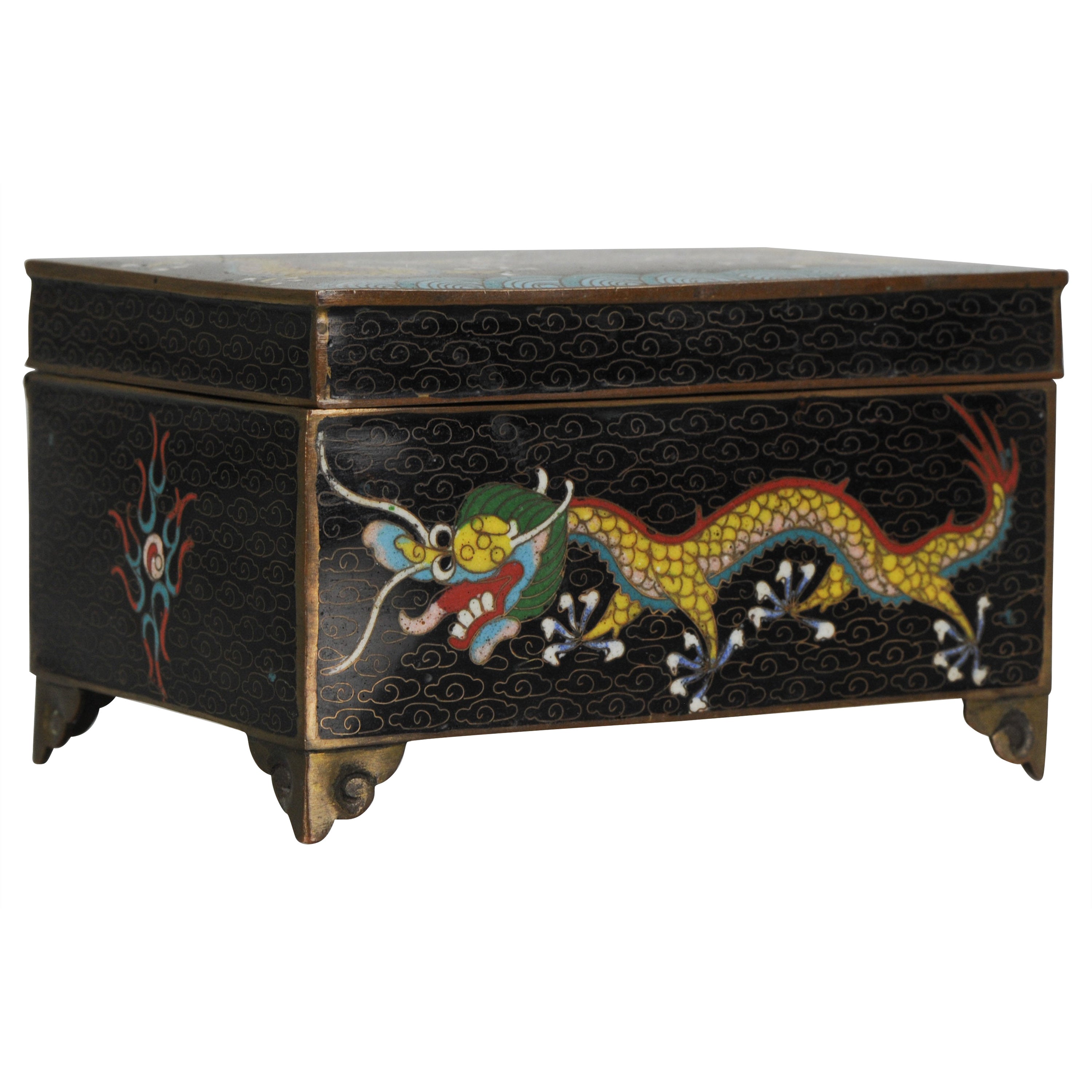 Top Antique Bronze / Copper Cloisonné Dragon Box China, 19th Century For Sale