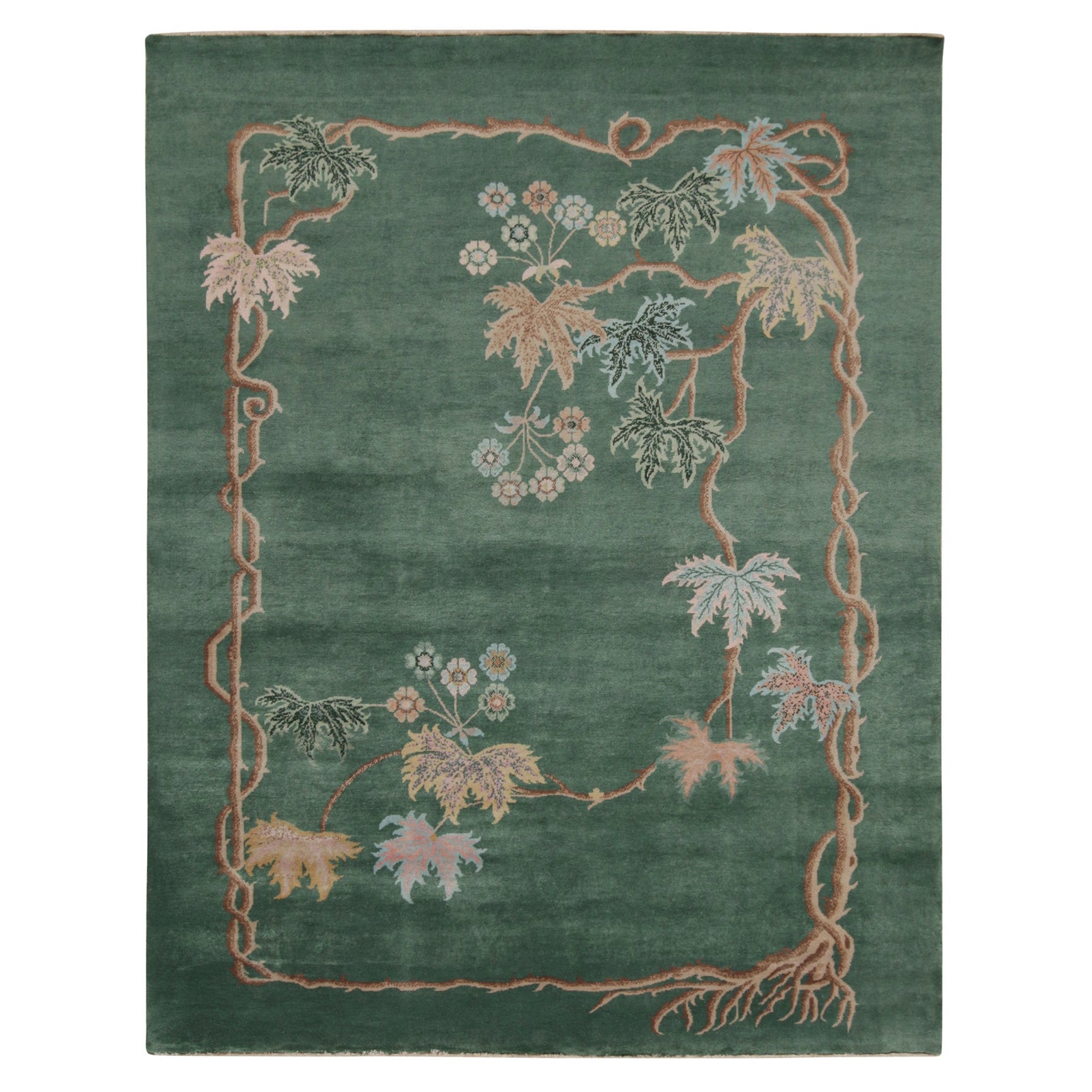 Rug & Kilim’s Chinese Art Deco Rug in Green with Brown and Blue Floral Patterns For Sale