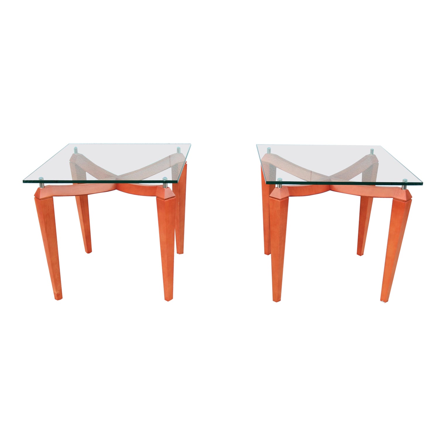 Paire de tables d'appoint carrées modernes italiennes en bois de cerisier et verre transparent