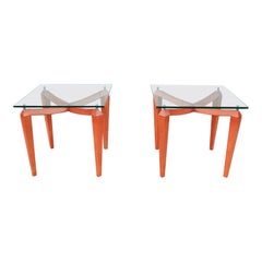 Vintage Modern Italian Cherry Wood and Transparent Glass Square Side Tables - a Pair