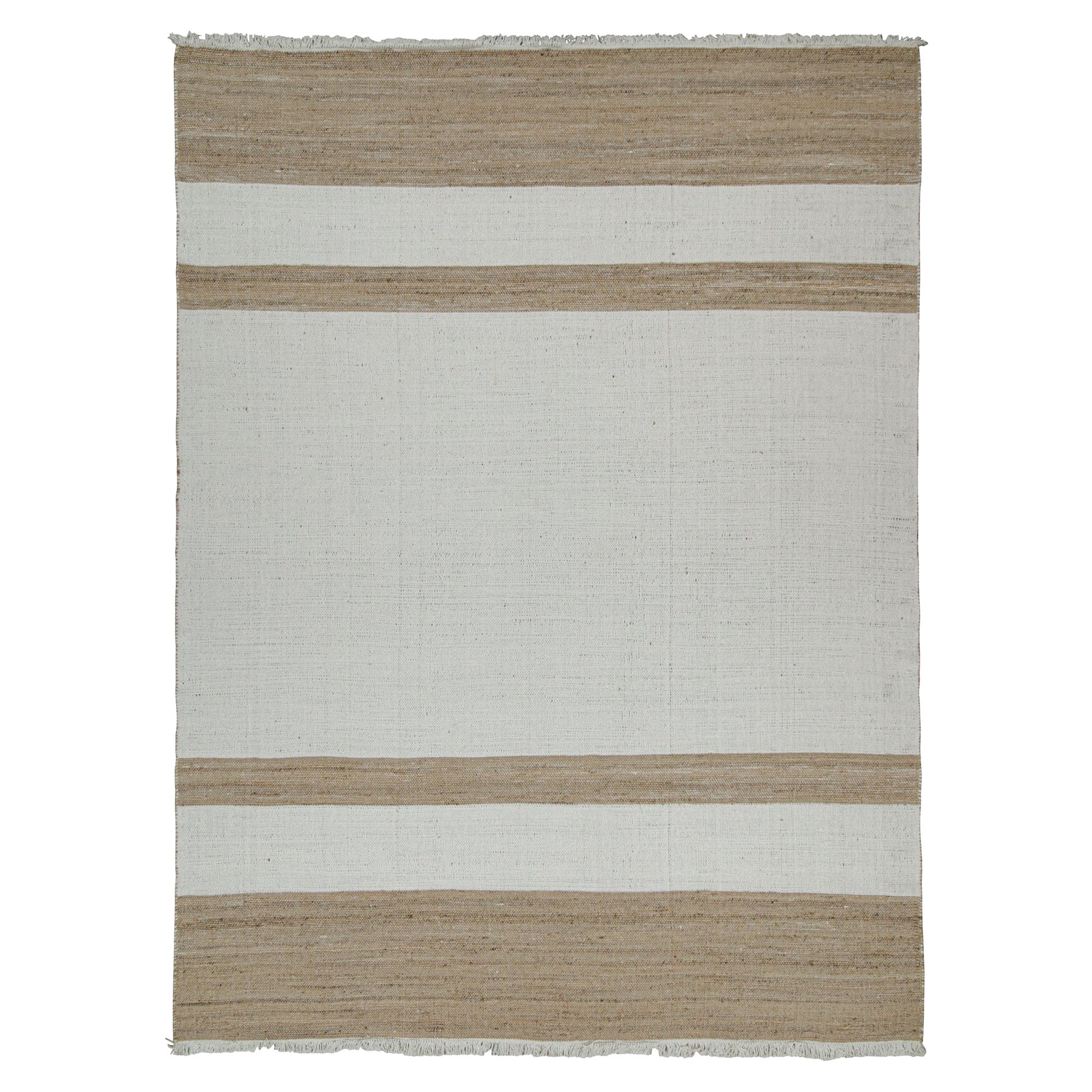 Rug & Kilim’s Contemporary Jute Flat Weave in White and Beige-Brown Stripes For Sale
