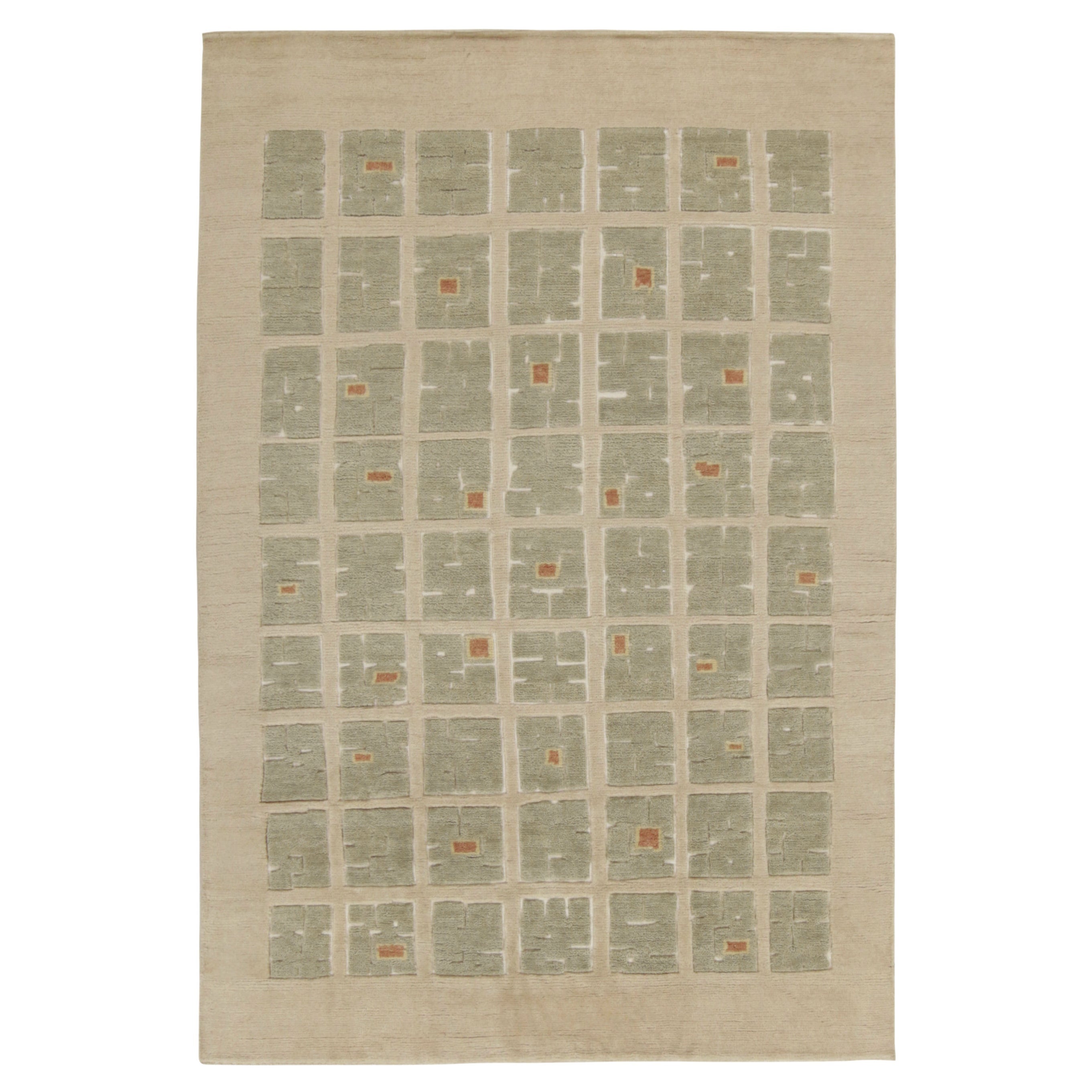 Rug & Kilim’s French Style Art Deco Rug in Beige & Green High-Low Square Pattern