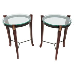 Traditional Cherry Wood and Transparent Glass Round Side Tables - a Pair