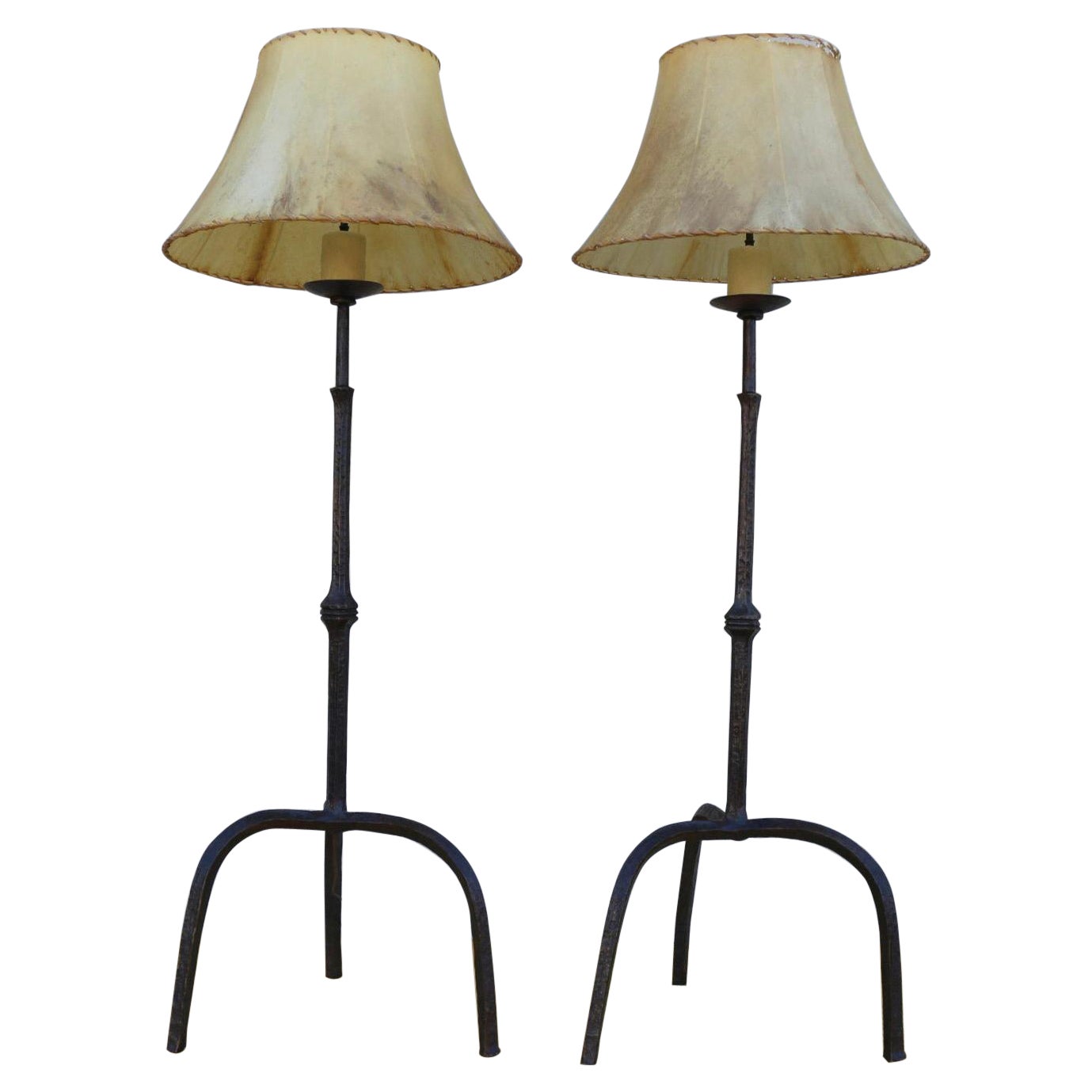 Vintage Pair of Brutalist Bronze Tripod Base Floor Lamps with Goatskin Lampshade For Sale