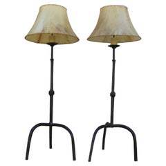 Retro Pair of Brutalist Bronze Tripod Base Floor Lamps with Goatskin Lampshade