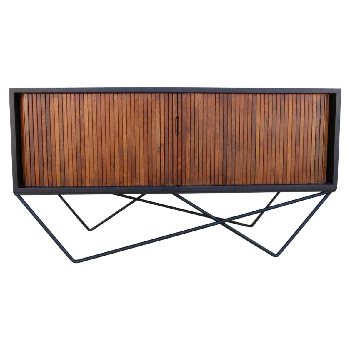 Mid Century Tambour Door Custom Made Wrought Iron Base Low Credenza For Sale