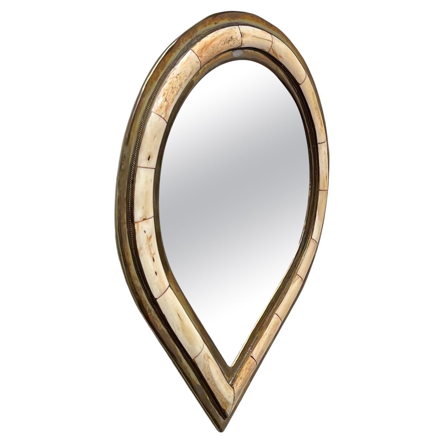 Vintage Moroccan Tear Drop Mirror in Brass & Camel Bone For Sale