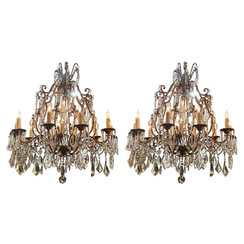 Pair of Antique Italian Crystal and Amethyst 14 Light Chandeliers For Sale
