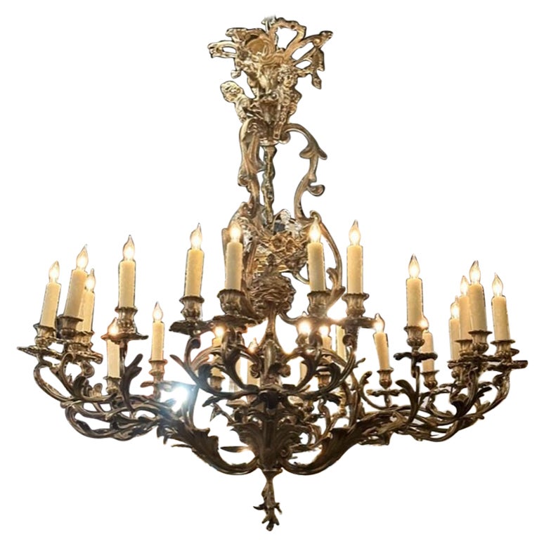 19th Century French Rococo Silver over Bronze 24 Light Chandelier For Sale