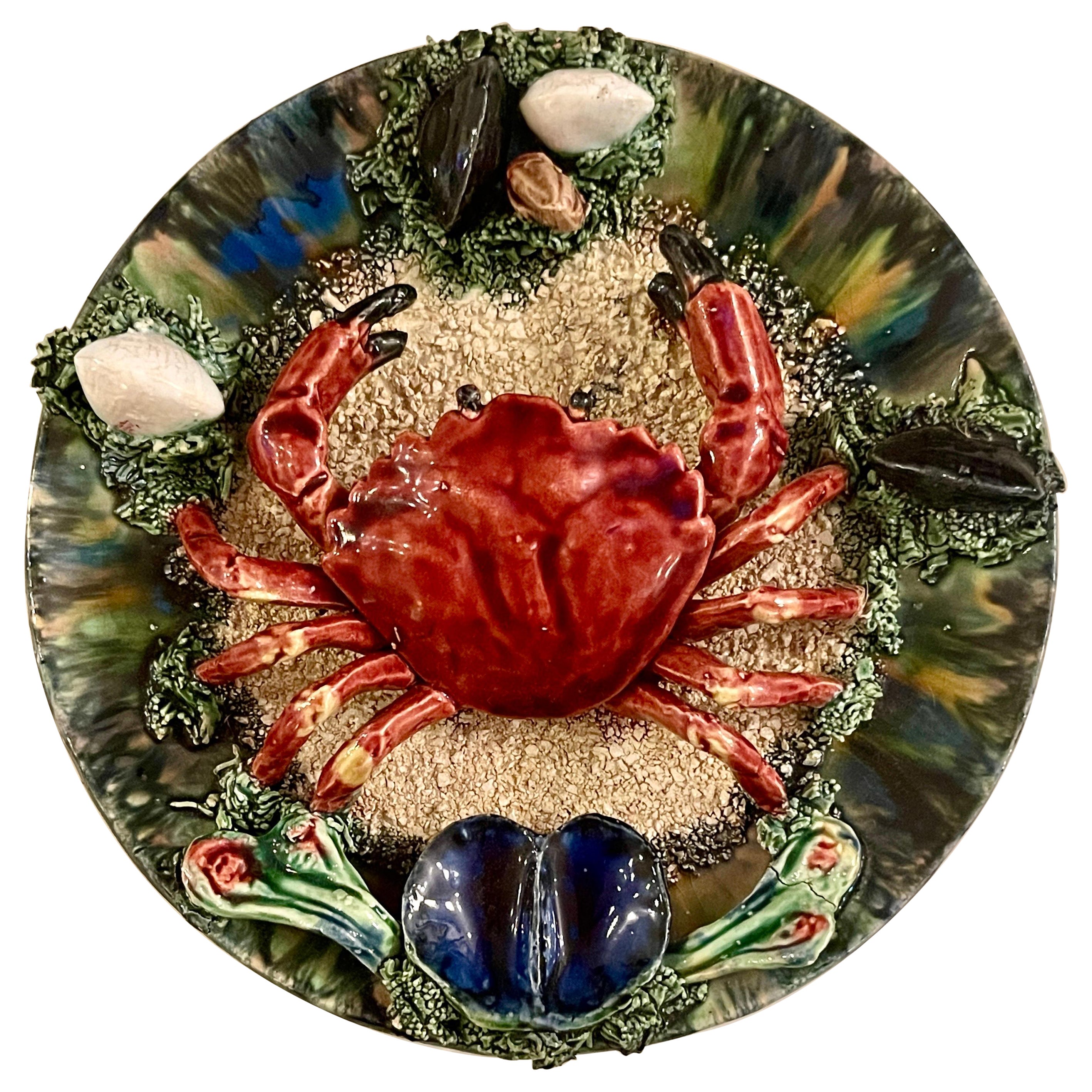 Palissy Style Majolica Crab Motif Plate, Portugal, C. 1940s