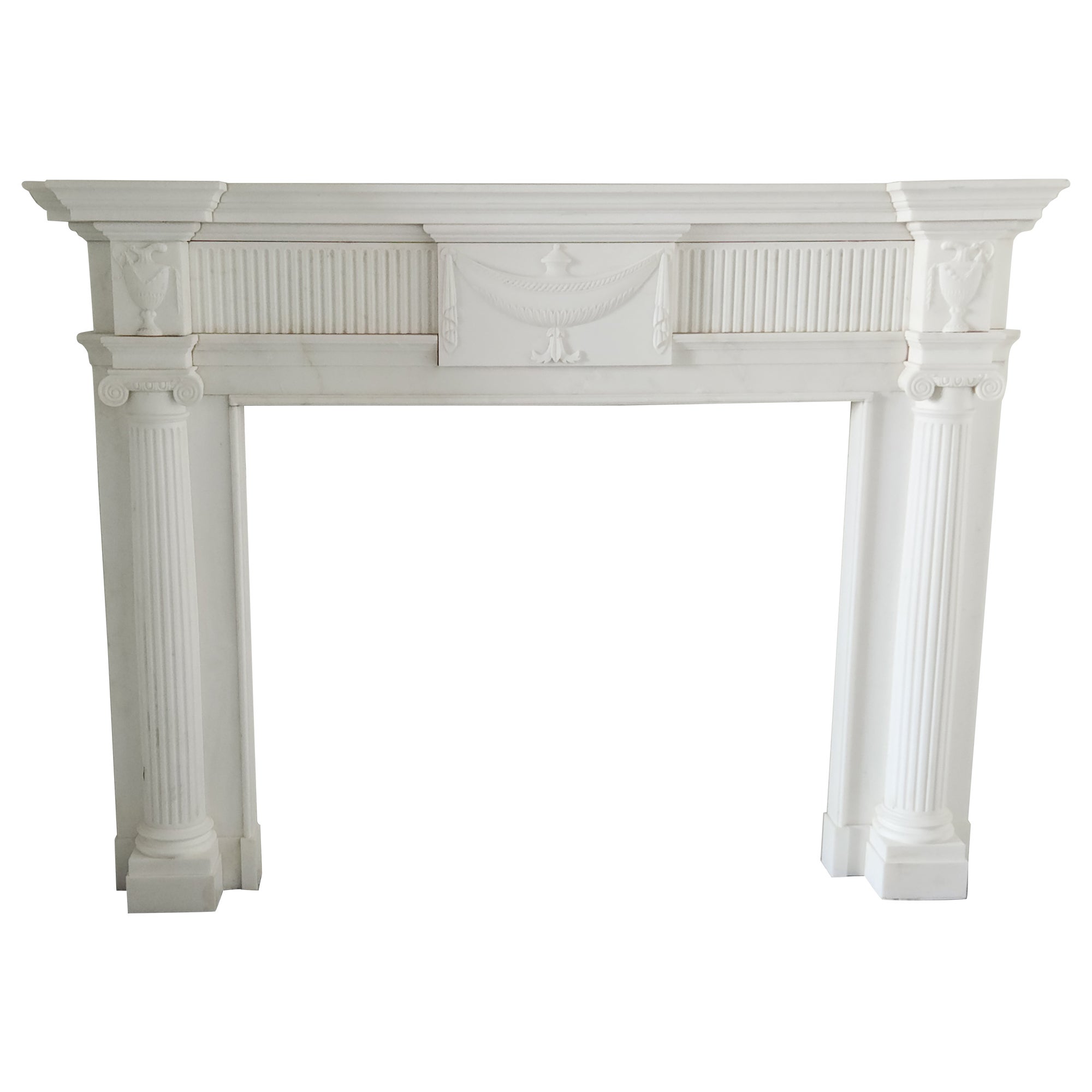 Hand-Carved White Marble Fireplace Mantel with Fluting in the Regency Style For Sale